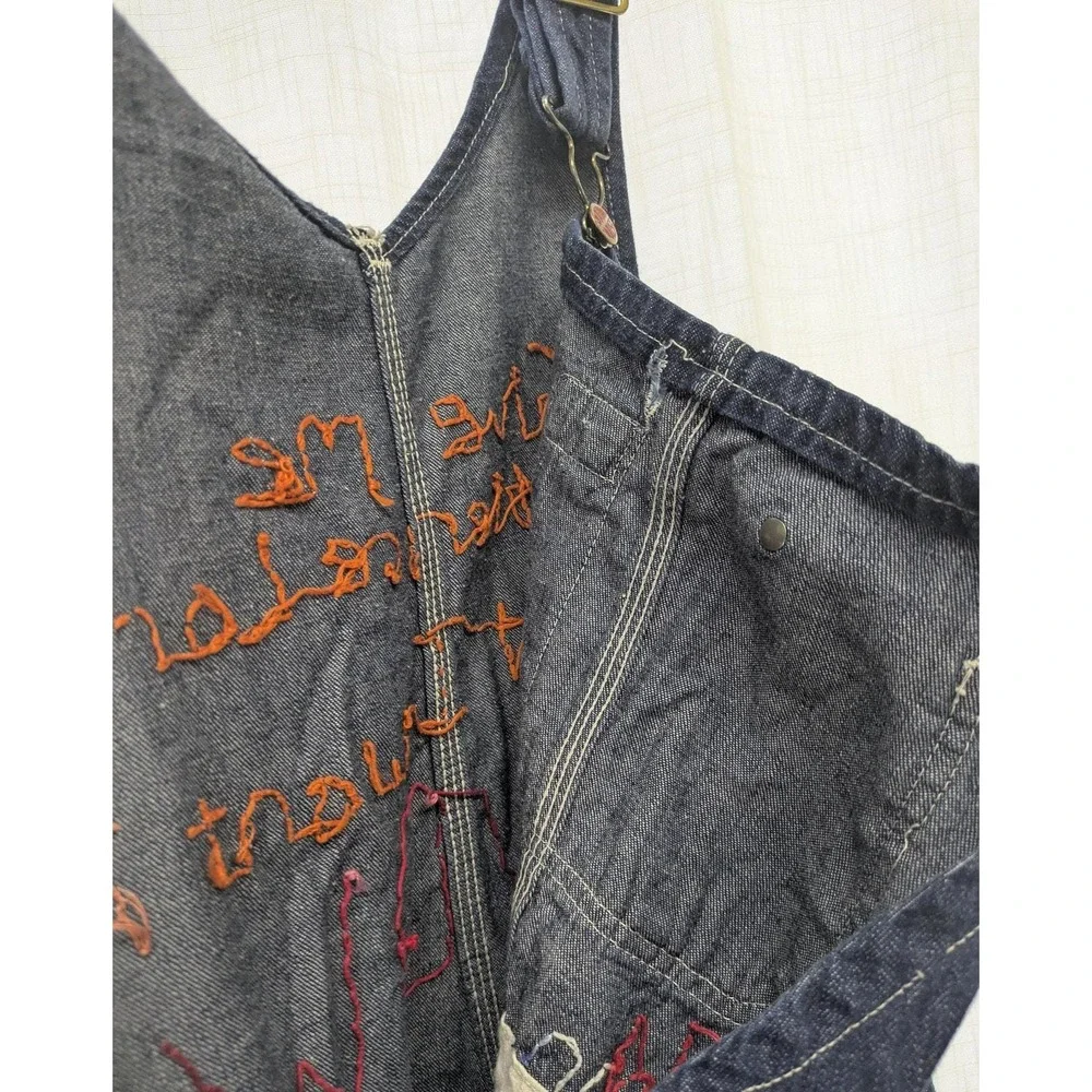 1970s dark indigo denim Embroidered and patchwork‎ customized overalls, American - Picture 6 of 9
